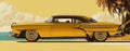 Classic car vehicle on the road, ocean, hyper realistic drawing