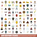 100 history icons set, flat style