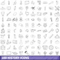 100 history icons set, outline style