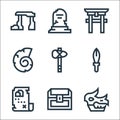history line icons. linear set. quality vector line set such as fossil, treasure chest, treasure map, dagger, hammer, shell, torii