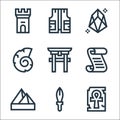 History line icons. linear set. quality vector line set such as ankh, dagger, pyramid, papyrus, torii gate, shell, diamond, vest