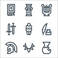 History line icons. linear set. quality vector line set such as ceramics, prehistory, roman helmet, feather pen, venus of