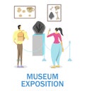 History museum exposition, vector illustration. Couple viewing extinct animal footprint, human bones, ancient pottery.