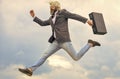 Hit the jackpot. brutal mature man in jacket carry briefcase. running to business meeting. suitcase for office life Royalty Free Stock Photo