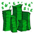 Paper Money Stacks Piles Dollar Euro Frank Pound Yen