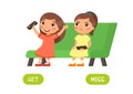 Hit and miss antonyms word card vector template. Opposites concept.