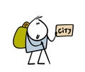 Hitchhiker with big backpack and sign attracts attention, votes on the road waiting for passing car. Vector illustration