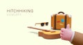 Hitchhiking concept. 3D suitcase, guitar, sunglasses. Thumbs up gesture