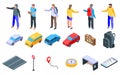 Hitchhiking icons set, isometric style