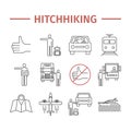 Hitchhiking line icons set. Hitchhiker. Vector travel sign