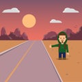 Hitchhiking. A Man With A Backpack Hiker. Mountain Landscape And Sunset