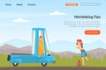 Hitchhiking or Thumbing with Woman Character Stopping Car for Travelling Vector Landing Page Template