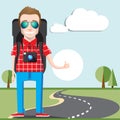 Hitchhiking tourism concept. Young Hitchhiker traveling with big bag and photo camera calling a car.