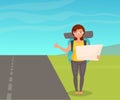 Hitchhiking. Woman travele Royalty Free Stock Photo