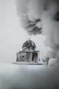 Hitoric chapel on Mount Radhost in Pustevny in Beskydy mountains in the east of the Czech Republic. Minimalism. The chapel rises