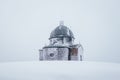 Hitoric chapel on Mount Radhost in Pustevny in Beskydy mountains in the east of the Czech Republic. Minimalism. The chapel rises