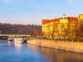 Hitorical building of Faculty of Law on Dvorak`s Embankment at Vltava River. Part of Charles University in Prague, Czech Royalty Free Stock Photo