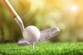 Hitting golf ball with club in park. Space for design Royalty Free Stock Photo