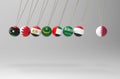 3d rendering. before hitting of some middle east flags pendulum to qatar sphere ball. bully, banned or boycott concept