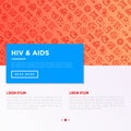 HIV and AIDs concept with thin line icons: safe sex, blood transfusion, antiviral drugs, physical examination, AIDs ribbon, blood