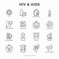 HIV and AIDs thin line icons set: safe sex, blood transfusion, syringe, antiviral drugs, physical examination, AIDs ribbon, blood