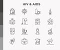 HIV and AIDs thin line icons set: safe sex, blood transfusion, syringe, antiviral drugs, physical examination, AIDs ribbon, blood