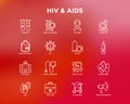 HIV and AIDs thin line icons set: safe sex, blood transfusion, syringe, antiviral drugs, physical examination, AIDs ribbon, blood