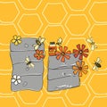 At the hive, bees buzzing around manmade beeboxes vector illustration