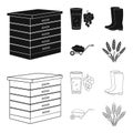 Hive, grapes, boots, wheelbarrow.Farm set collection icons in black,outline style vector symbol stock illustration web.