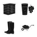 Hive, grapes, boots, wheelbarrow.Farm set collection icons in black style vector symbol stock illustration web.