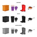 Hive, grapes, boots, wheelbarrow.Farm set collection icons in cartoon,black,monochrome style vector symbol stock