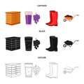 Hive, grapes, boots, wheelbarrow.Farm set collection icons in cartoon,black,outline style vector symbol stock