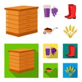 Hive, grapes, boots, wheelbarrow.Farm set collection icons in cartoon,flat style vector symbol stock illustration web.