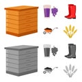 Hive, grapes, boots, wheelbarrow.Farm set collection icons in cartoon,monochrome style vector symbol stock illustration