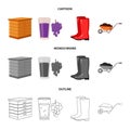 Hive, grapes, boots, wheelbarrow.Farm set collection icons in cartoon,outline,monochrome style vector symbol stock