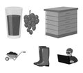 Hive, grapes, boots, wheelbarrow.Farm set collection icons in monochrome style vector symbol stock illustration web.