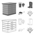 Hive, grapes, boots, wheelbarrow.Farm set collection icons in outline,monochrome style vector symbol stock illustration