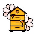Hive. Yellow beehive doodle vector illustration. Home of the wasp, bee and insect with flowers. Honey production