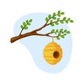 Hive. Yellow cartoon bee hive. A beehive on a tree branch. Vector illustration isolated on a white background Royalty Free Stock Photo