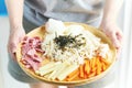 `Hiyashi chuka`. Japanese style chilled ramen noodles and topped with meat and vegetable
