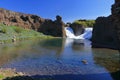 Double Waterfall of Hjalparfoss in Early Morning Sun, Western Iceland