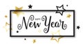 HAPPY NEW YEAR black brush calligraphy banner with gold and black stars Royalty Free Stock Photo