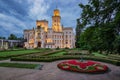 Hluboka chateau illuminated at night