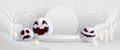 Halloween minimalist white theme product display podium on paper graphic background with group of 3D illustration Jack O lantern p