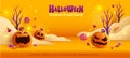 Happy Halloween. Group of 3D illustration pumpkin on treat or trick fun party celebration background with paper graphic cloud Royalty Free Stock Photo