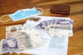 HM Revenue UK papers for self employed with sterling pounds money, wallet and mask during coronavirus lockdown. COVID-19 Royalty Free Stock Photo