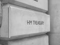 HM Treasury sign in London, black and white