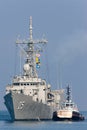 HMAS Melbourne FFG 05 Adelaide-class guided-missile frigate of the Royal Australian Navy docking at Station Pier in Melbourne wi