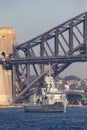 HMAS Perth FFH 157 Anzac-class frigate of the Royal Australian Navy sailing under the iconic Sydney Harbor Bridge