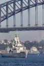 HMAS Perth FFH 157 Anzac-class frigate of the Royal Australian Navy sailing under the iconic Sydney Harbor Bridge